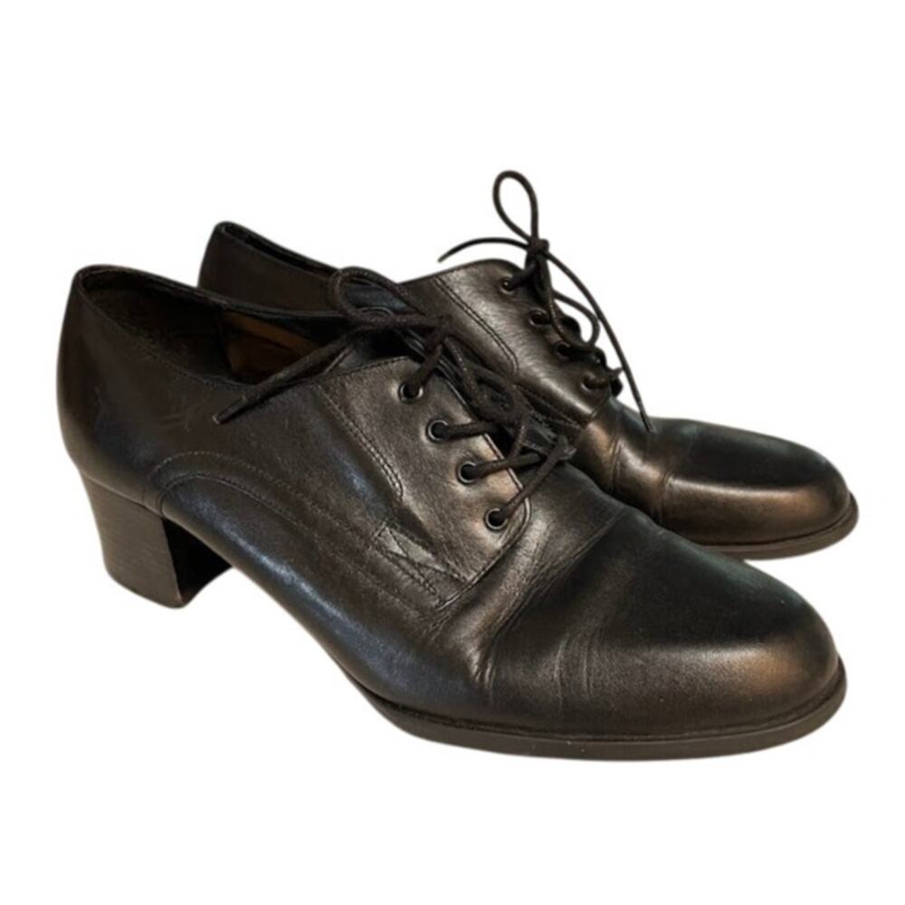 Women's Round Toe Lace up Block Chunky Heel Leather Shoes Penny Black Oxford 9M